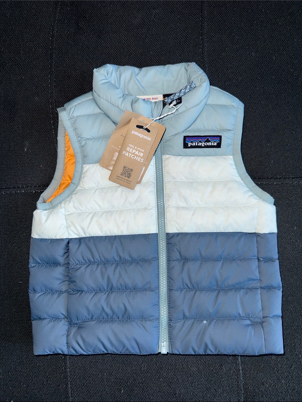 Patagonia Kids' Colorblock Puffer Vest in Light Blue & Navy & Orange